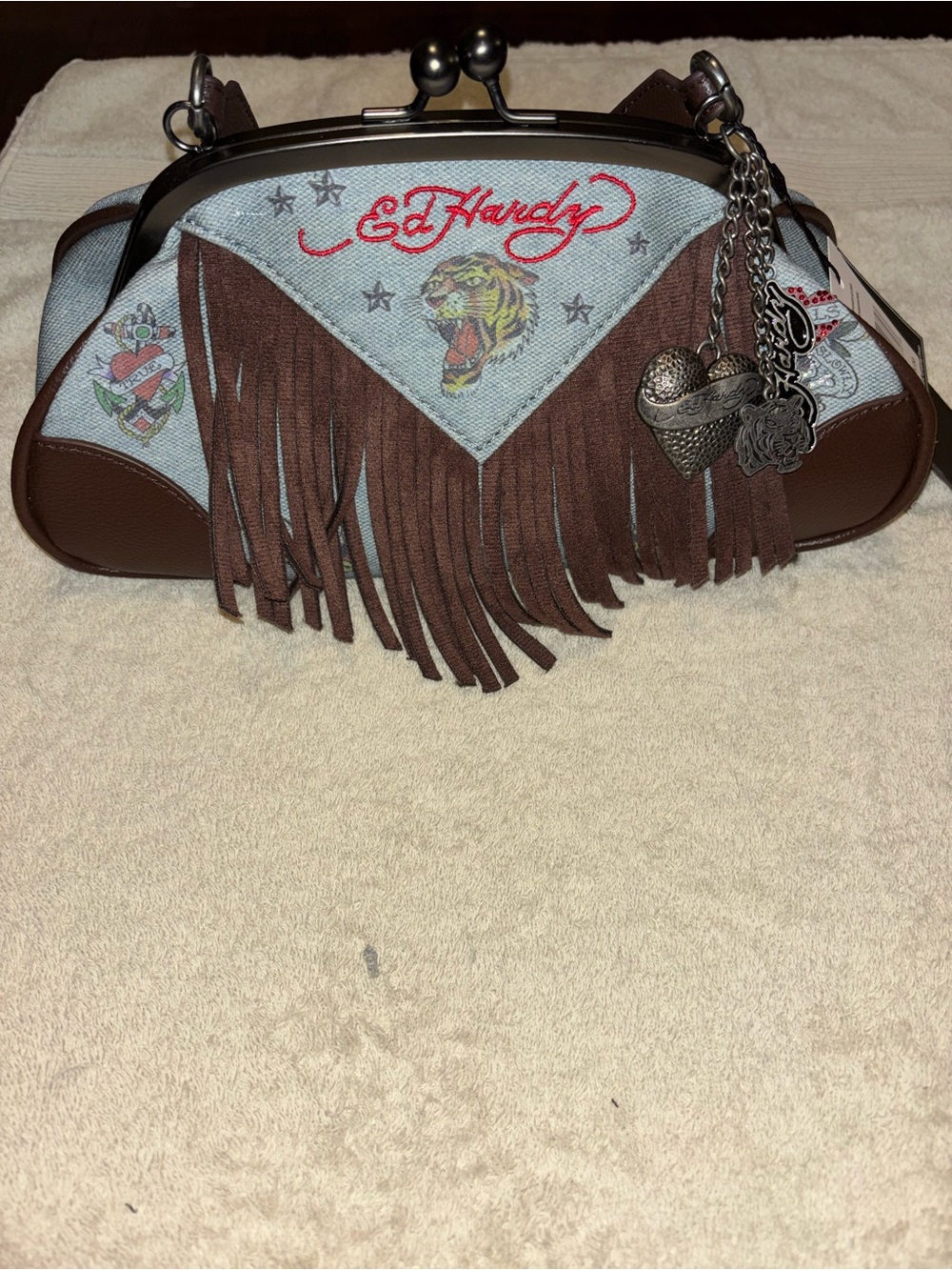 Ed Hardy Brown and White Fringe Wristlet with Tiger Motif
